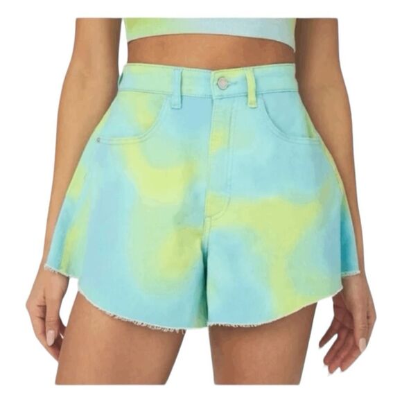 WeWoreWhat Jean Shorts Blue Green Tie Dye Wide Leg Flare Bell Denim 26 - Picture 1 of 5